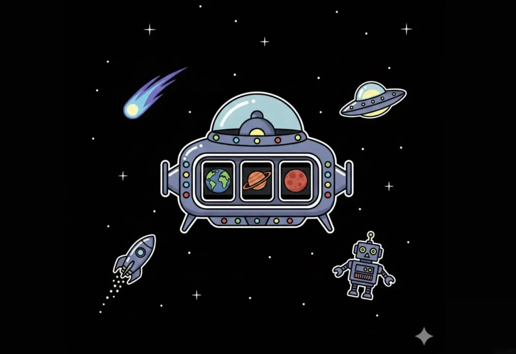 UFO-shaped slot machine with planets in space for New Zealand online casinos on Freeslots99