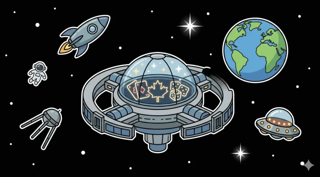 Canadian space station with maple leaf, cards and dice under glass dome near Earth, representing best paying online casinos in Canada at FreeSlots99
