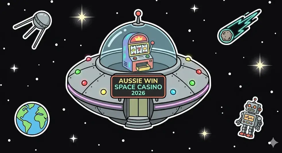 UFO with slot machine labeled Aussie Win Space Casino 2026 surrounded by Earth, robot, and comet, symbolizing online casino theme for www.freeslots99.com