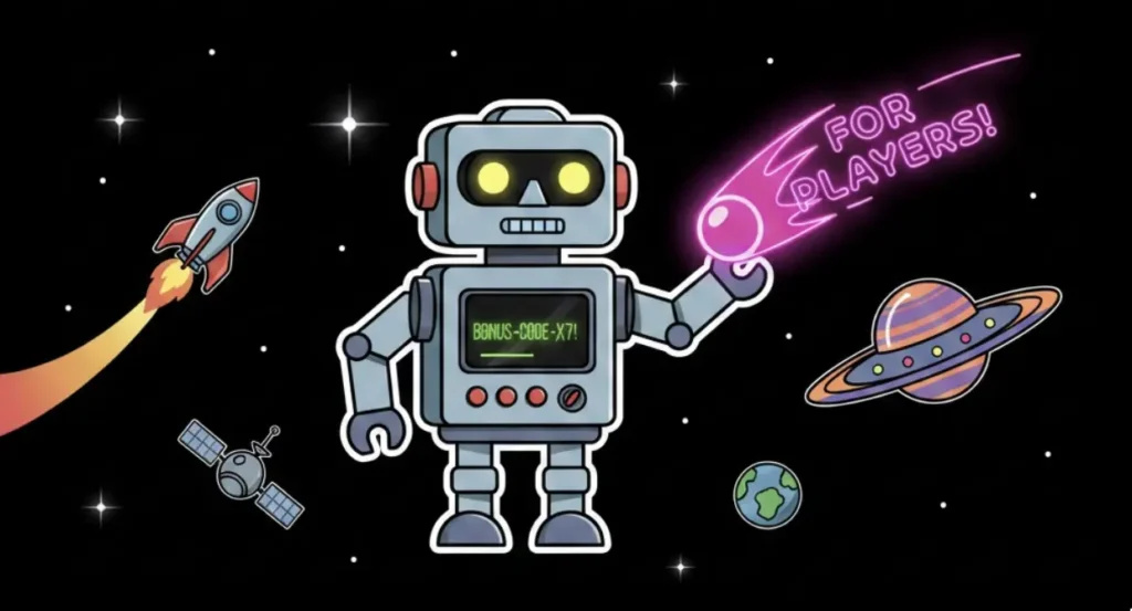 Robot displaying bonus code in space for existing players on FreeSlots99
