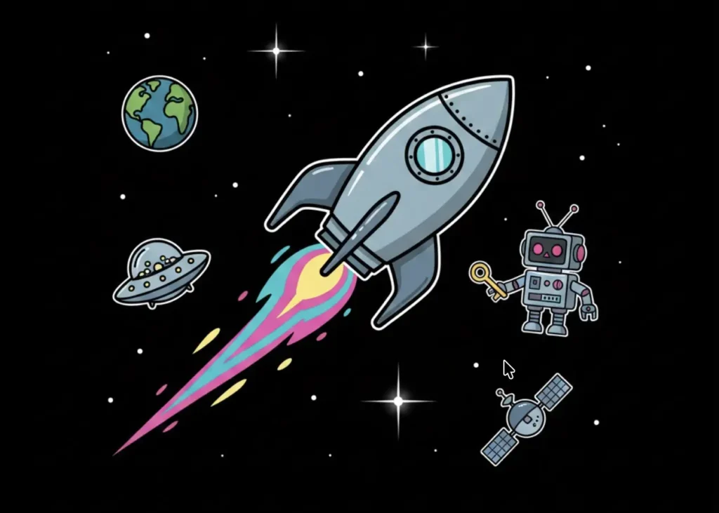 Rocket launching in space with robot for existing player bonuses