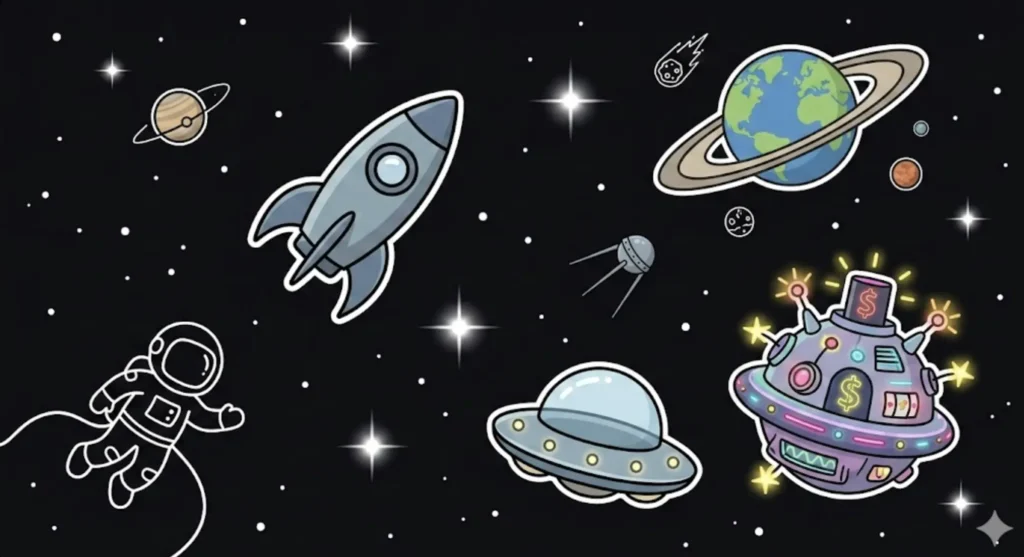Space-themed casino UFO with dollar signs alongside astronaut and rocket, highlighting brand new casino bonuses at FreeSlots99