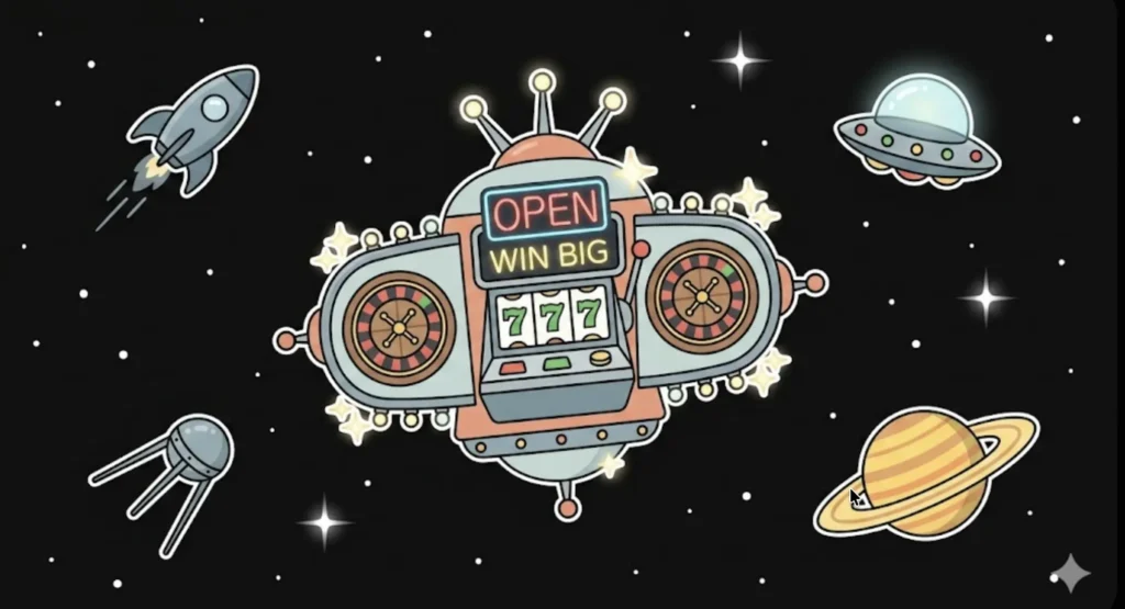 Space slot machine showing 777 and 'Open Win Big' sign with roulette wheels, representing brand new online casinos USA no deposit bonus at FreeSlots99