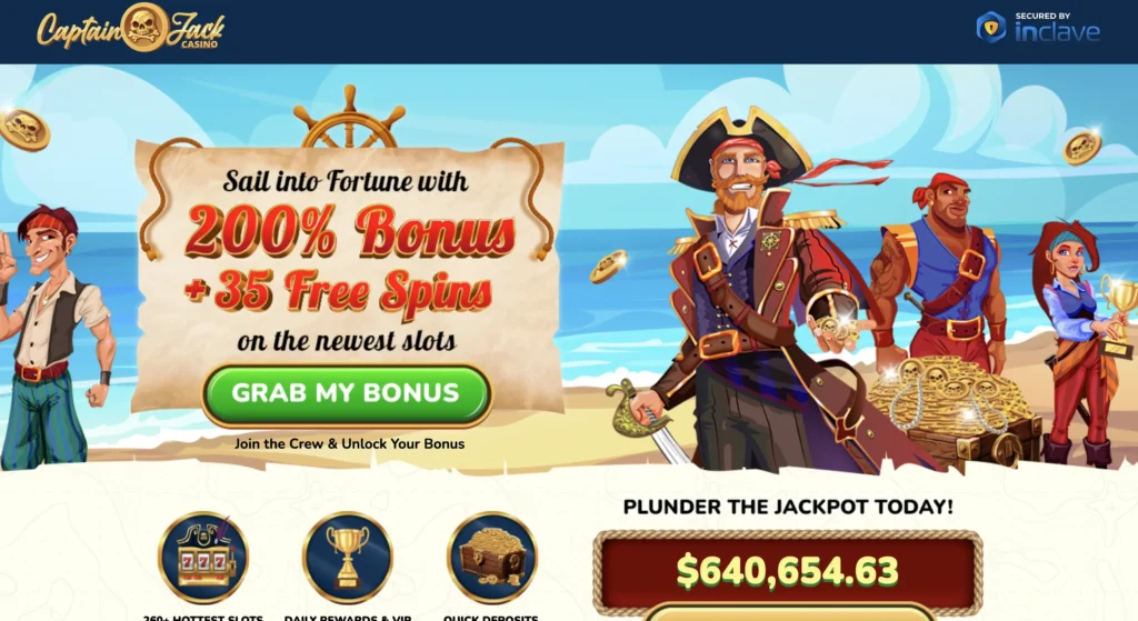Captain Jack Casino homepage with pirate crew, 200% bonus and 35 free spins offer, highlighting welcome bonus at FreeSlots99