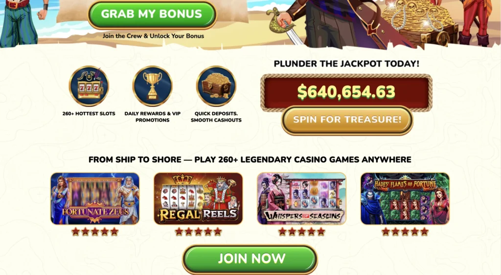 Captain Jack Casino homepage showing 260+ slots, jackpot display and game thumbnails, illustrating casino features at FreeSlots99