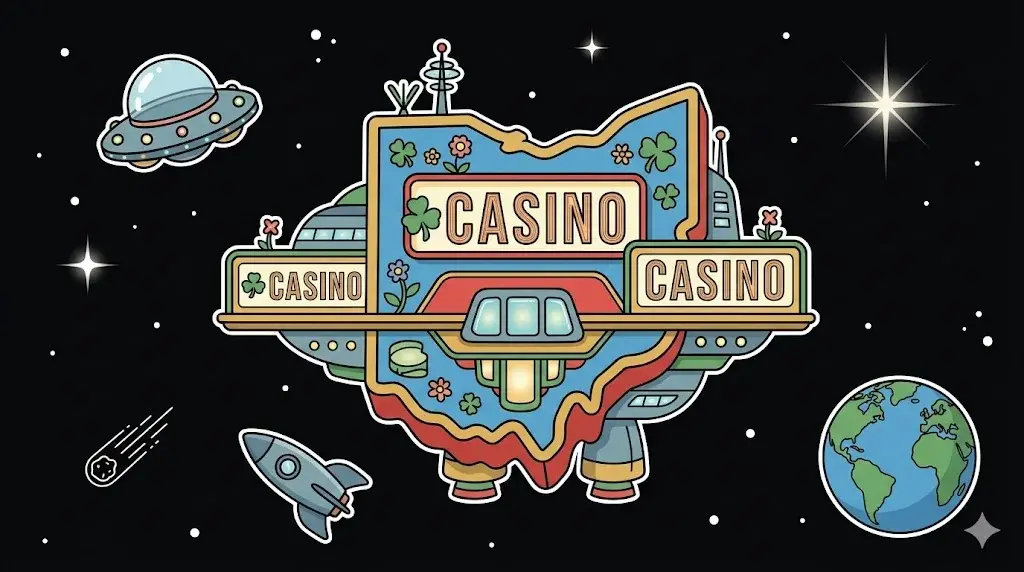 Colorful space-themed illustration of Ohio-shaped casino station labeled Casino, surrounded by rocket, UFO, Earth, and stars, symbolizing Ohio online casino theme for www.freeslots99.com