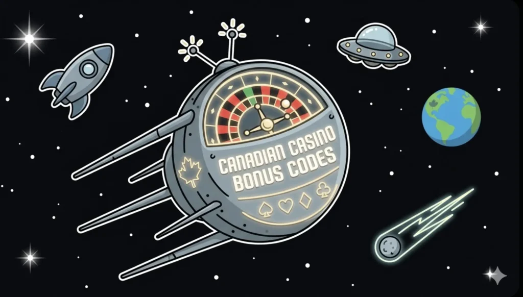 Space scene with rocket, UFO, Earth marked CA and Saturn, illustrating Canadian casino bonus codes guide at FreeSlots99