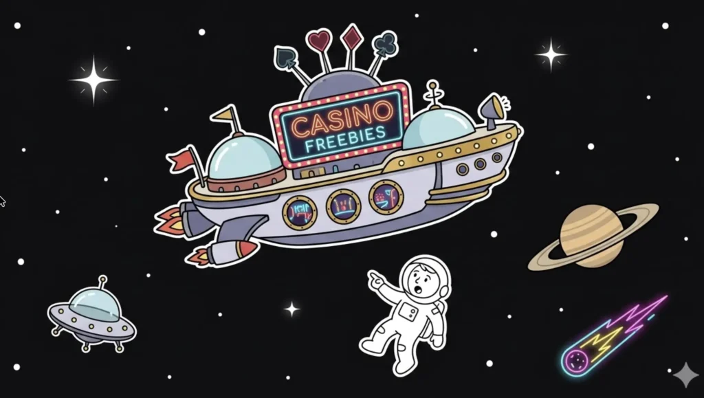 Space casino ship with neon 'Casino Freebies' sign and astronaut pointing in space, illustrating casino freebies codes at FreeSlots99