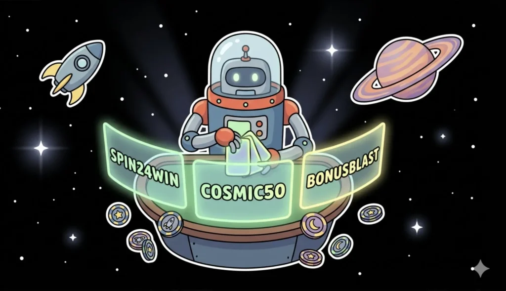 Space robot dealer displaying bonus codes SPIN24WIN, COSMIC50 and BONUSBLAST with coins, representing casino freebies codes at FreeSlots99