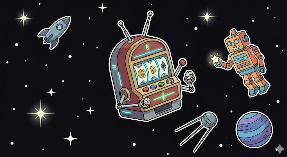 Slot machine with antennas floating in space beside rocket, robot, satellite, and planet, symbolizing online casino theme for www.freeslots99.com