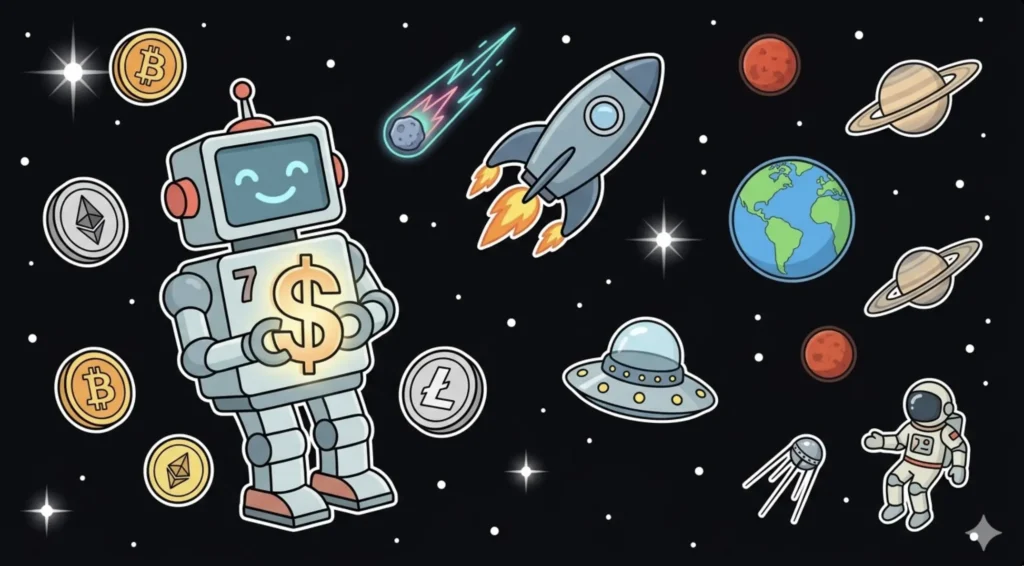 Robot holding dollar sign surrounded by Bitcoin and Ethereum coins with astronaut in space, illustrating crypto casinos in Canada at FreeSlots99