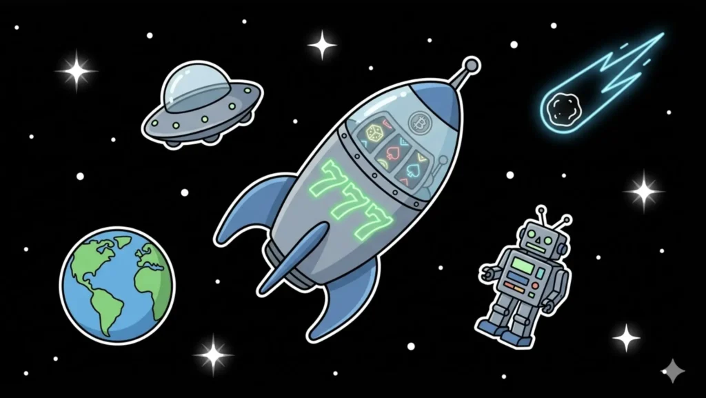 Casino rocket with 777 and Bitcoin symbols flying past Earth with robot in space, representing crypto casino options in Canada at FreeSlots99