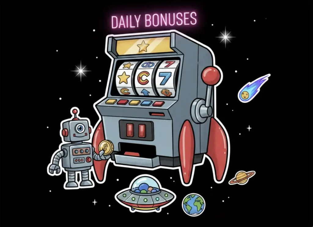 Space slot machine with Daily Bonuses neon text and robot for FreeSlots99