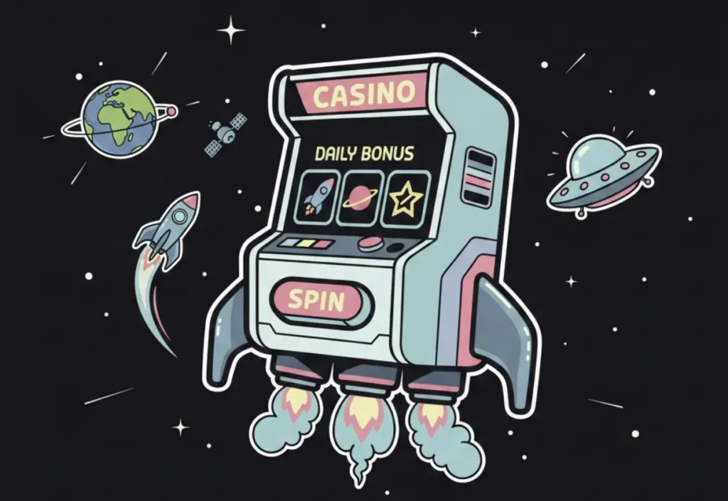 Rocket-powered casino machine with Daily Bonus display