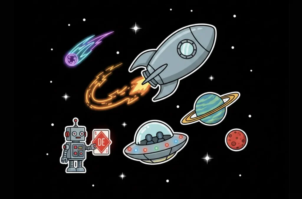 Robot with Delaware card in space-themed casino illustration with rockets and planets