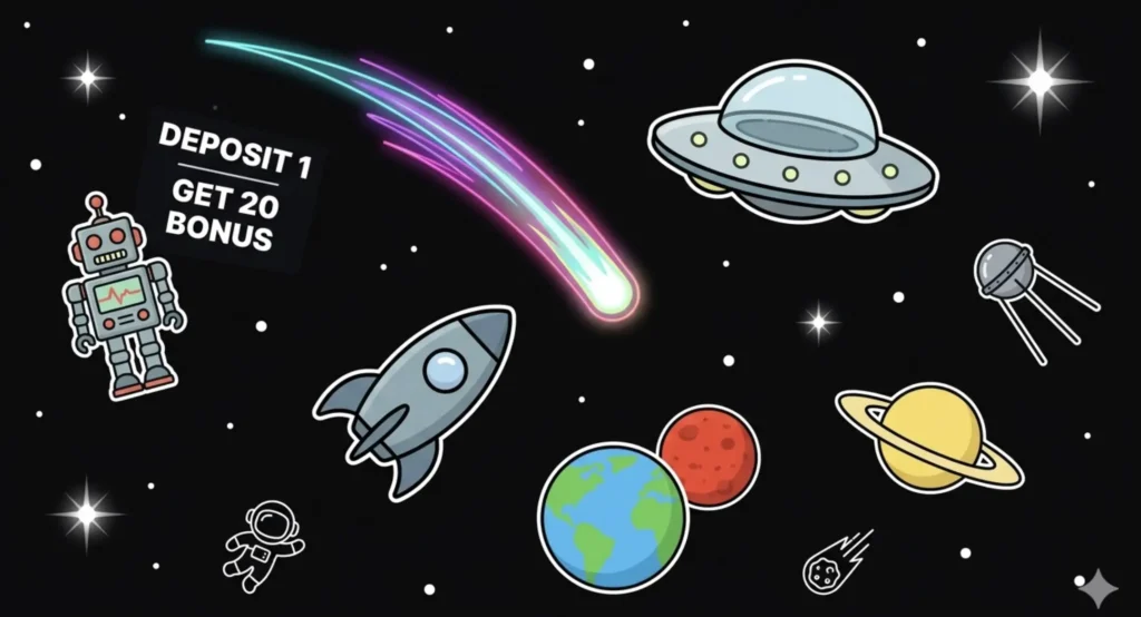 Space scene with 'Deposit 1 Get 20 Bonus' text, robot, UFO and neon comet, illustrating deposit bonus offer at FreeSlots99