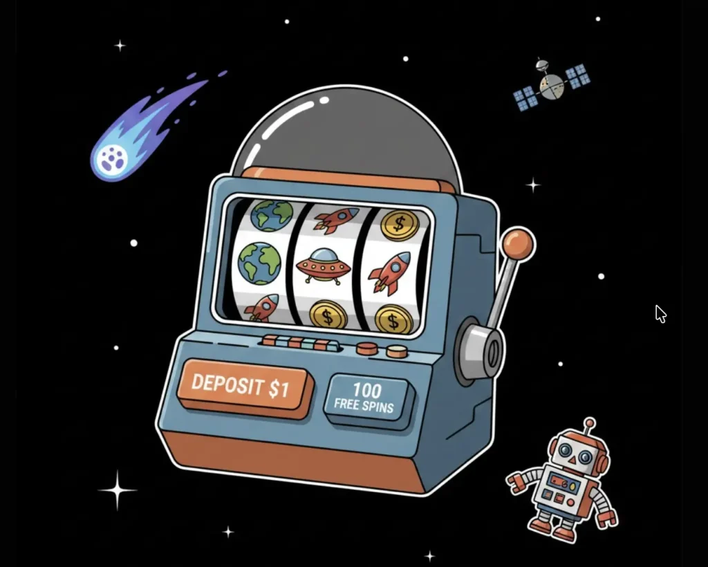 Space-themed slot machine showing Deposit $1 Get 100 Free Spins promo at Casino
