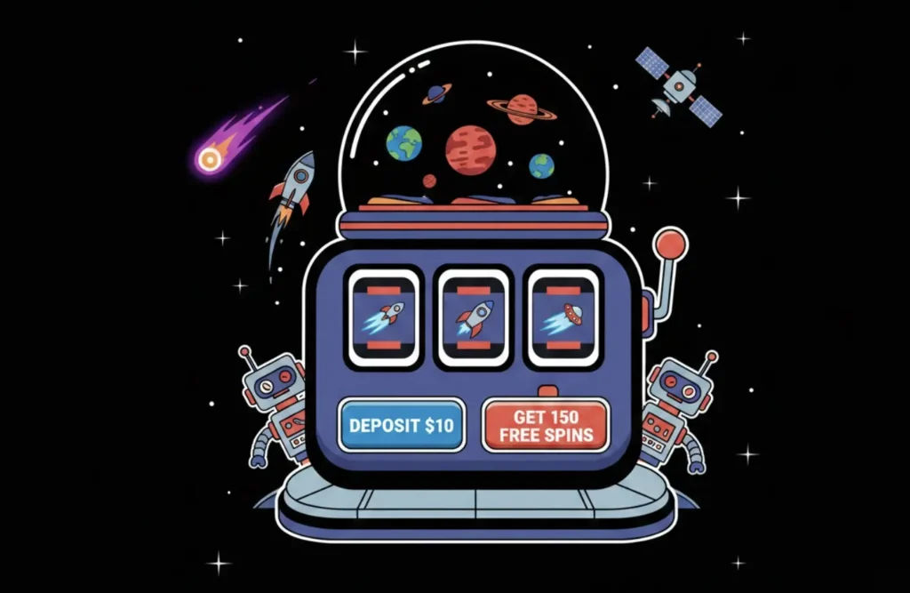 Space-themed slot machine with Deposit $10 Get 150 Free Spins bonus offer at FreeSlots99