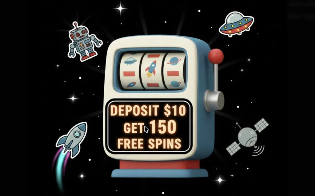 3D slot machine displaying Deposit $10 Get 150 Free Spins promo for FreeSlots99 casino