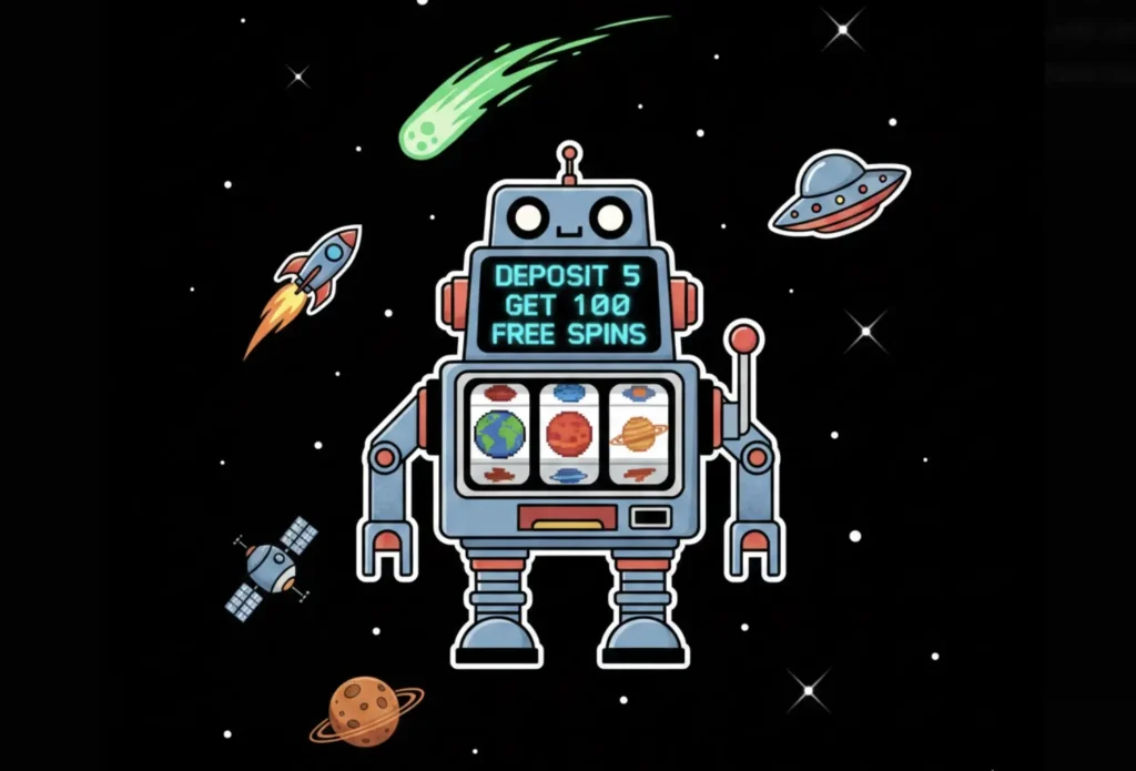 Cartoon robot slot machine in space displaying Deposit 5 Get 100 Free Spins offer