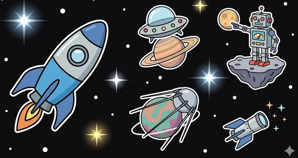 Rocket, UFO, robot, and planets in colorful space scene, symbolizing online casino theme for www.freeslots99.com