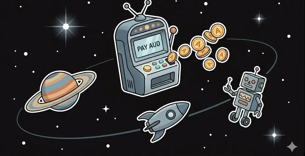 Slot machine labeled PAY AUD releasing gold coins with rocket, robot, and Saturn planet in space, symbolizing online casino theme for www.freeslots99.com
