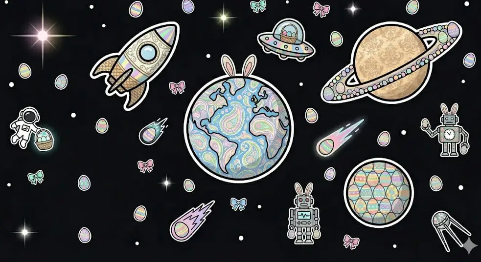 Easter-themed space stickers with bunny ears and eggs for freeslots99.com holiday bonuses.