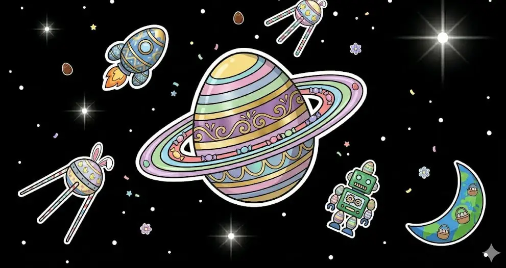 Easter-themed space illustration with egg planets for freeslots99.com holiday bonuses.