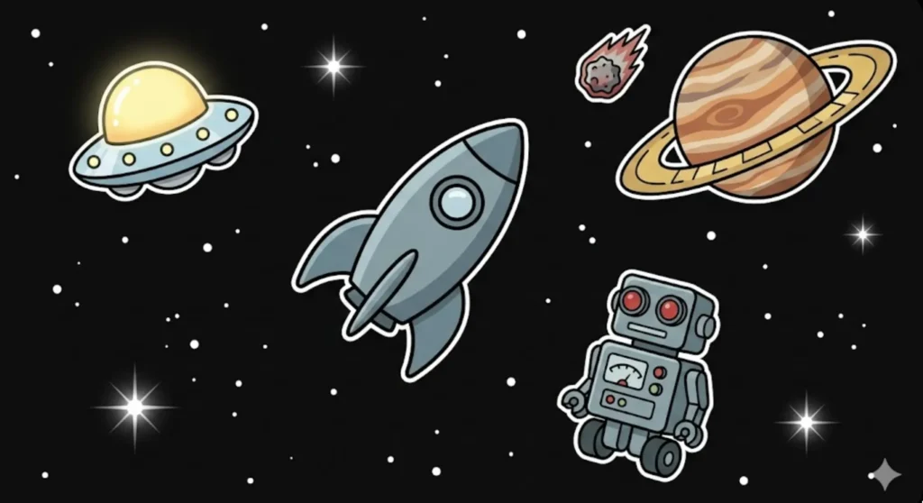 Space-themed e-check machine showing 'E-Check Approved' screen with robot and rocket