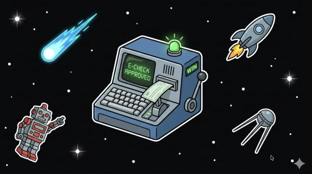 Space scene with UFO, rocket, and robot floating among planets