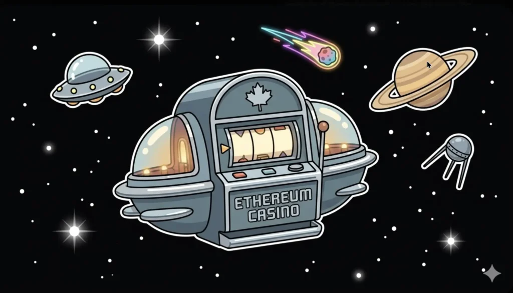 Space slot machine labeled 'Ethereum Casino' with Canadian maple leaf floating near UFO and Saturn, representing ETH casino options in Canada at FreeSlots99