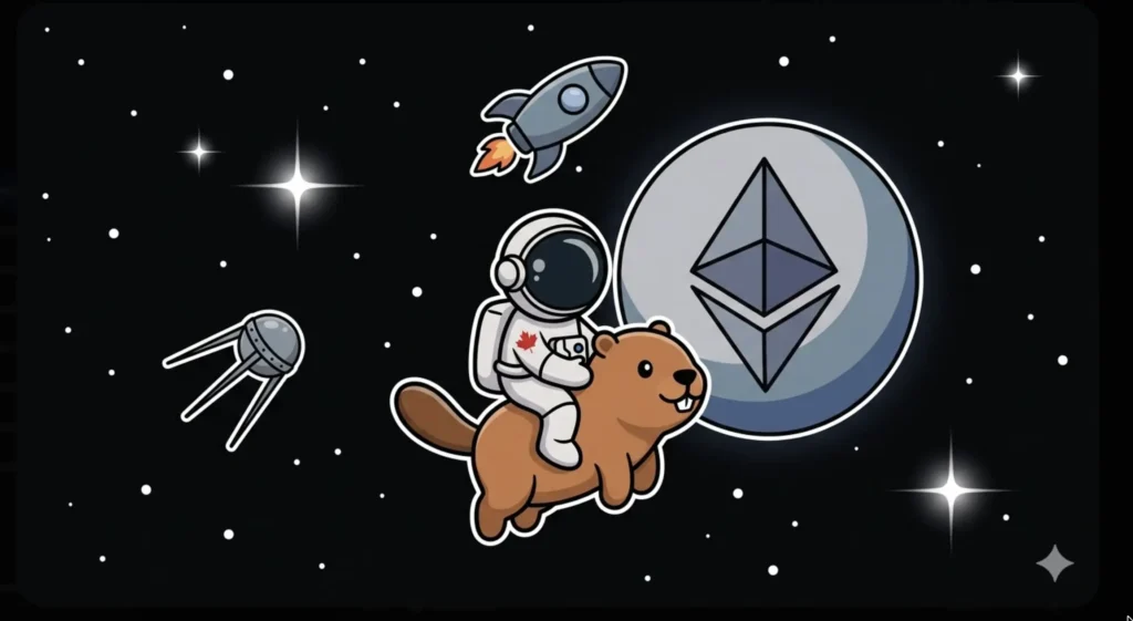 Canadian astronaut riding beaver toward Ethereum moon symbol in space, illustrating Ethereum casinos in Canada at FreeSlots99