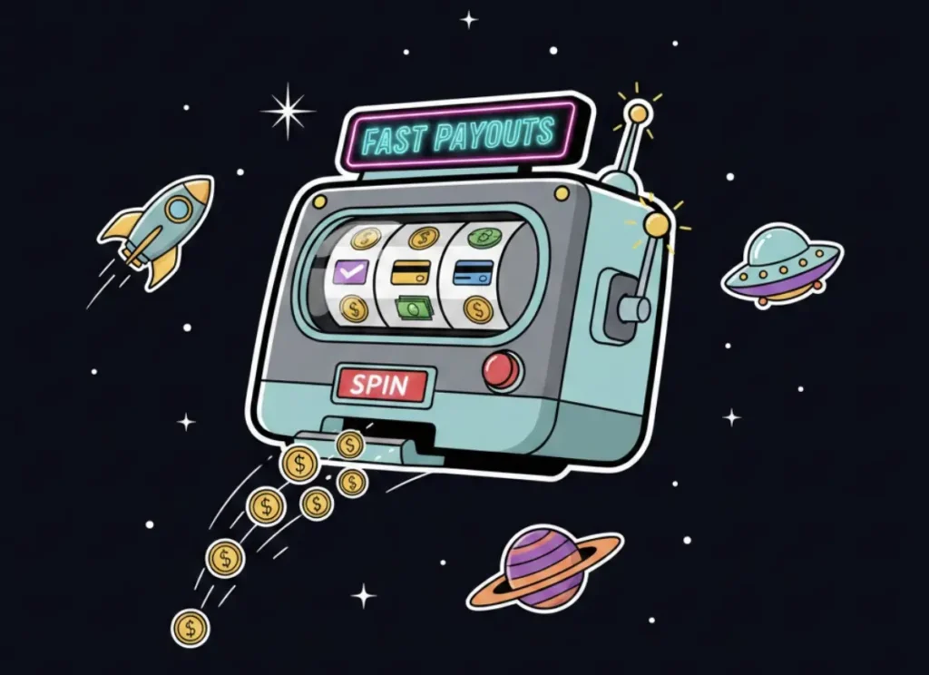 Floating slot machine in space with coins representing fast payouts