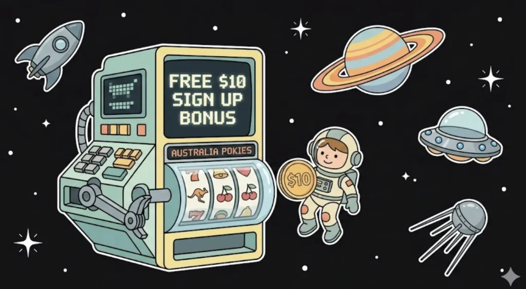 Astronaut holding $10 coin next to Australia pokies slot machine in space