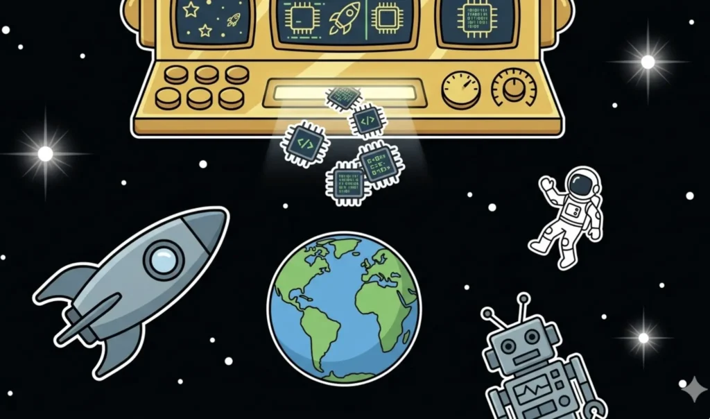Gold slot machine dispensing microchips in space with astronaut and robot, representing free chip casino bonus codes at FreeSlots99
