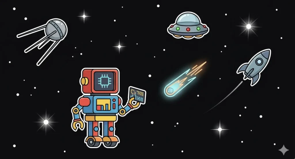 Colorful robot holding a card in space with UFO and comet, illustrating free chip codes bonus offers at FreeSlots99