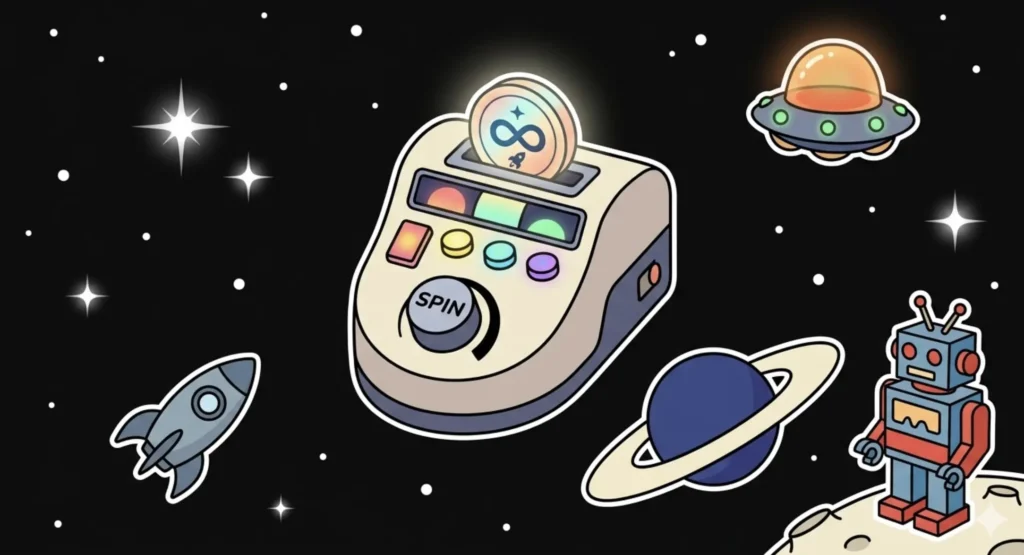 Space spin machine with infinity coin and robot on moon surface, illustrating free play bonus casino offer at FreeSlots99