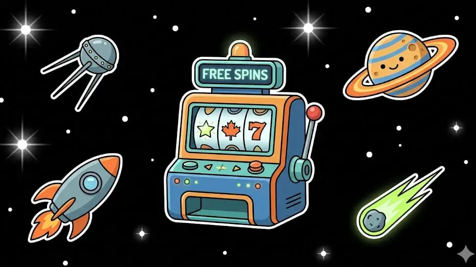 Space slot machine with free spins surrounded by rockets and planets — casino bonus illustration for freeslots99.com