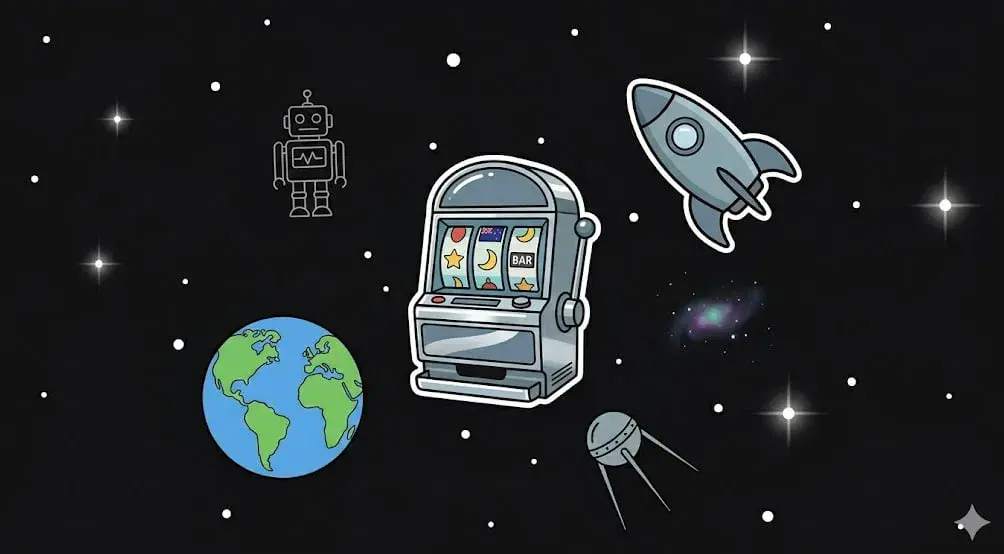 Classic slot machine floating in space next to planet Earth and a rocket for freeslots99.com