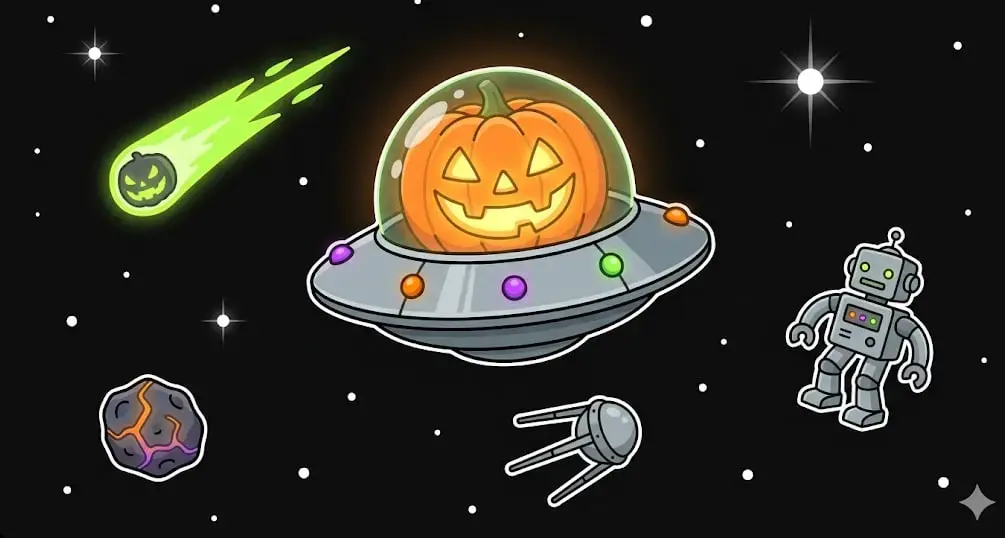 Halloween pumpkin in a UFO flying in space to showcase themed slots on freeslots99.com