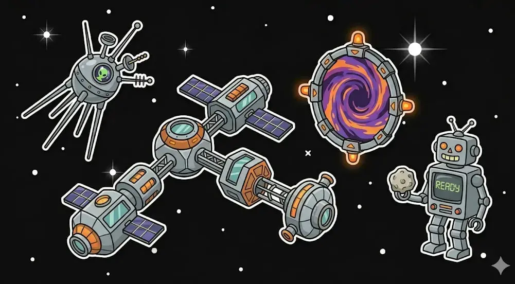 Space station and portal in a cosmic scene to illustrate themed slot games on freeslots99.com