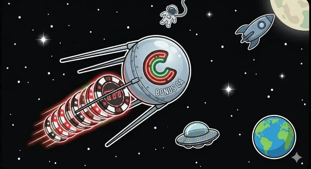 Casino chip sputnik flying through space with UFO and Earth — casino bonus illustration for freeslots99.com