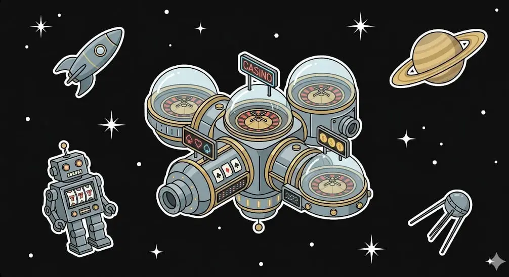 Futuristic space casino station with roulette wheels and a robot for freeslots99.com gaming