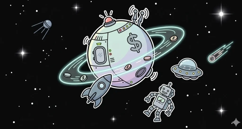 Dollar sign planet with orbiting coins and robot in space, representing instant withdrawal casino options at FreeSlots99