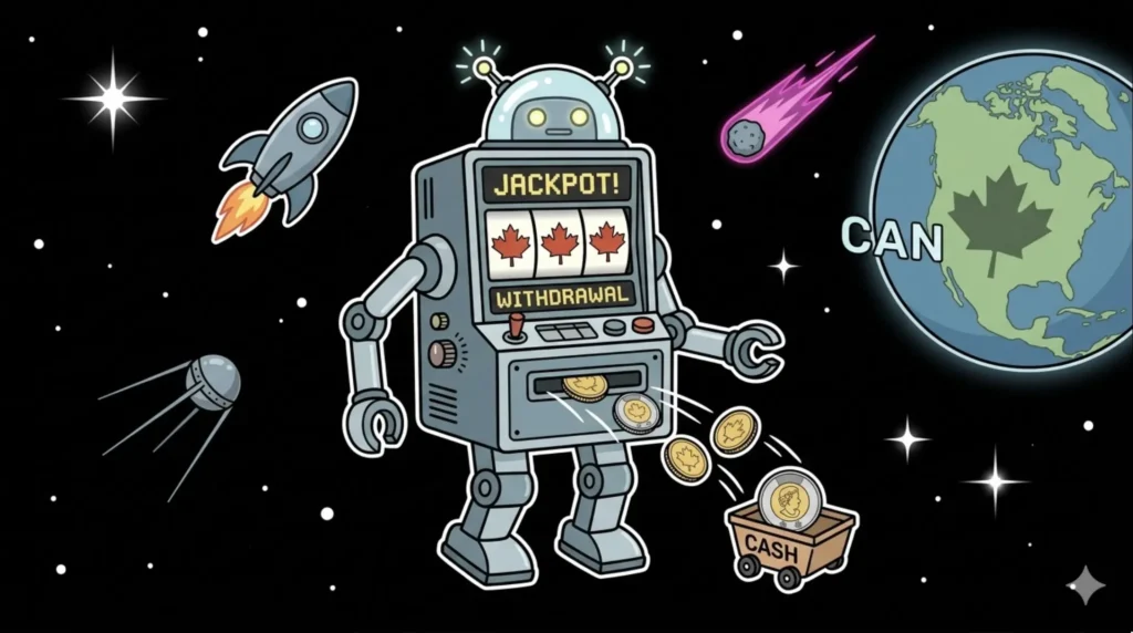 Canadian slot machine robot dispensing coins with jackpot and withdrawal display near Earth, illustrating instant withdrawal casinos in Canada at FreeSlots99