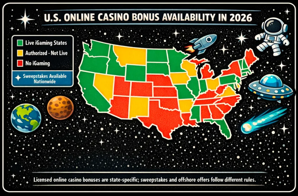 Map of US online casino bonus availability by regulated market status in 2026
