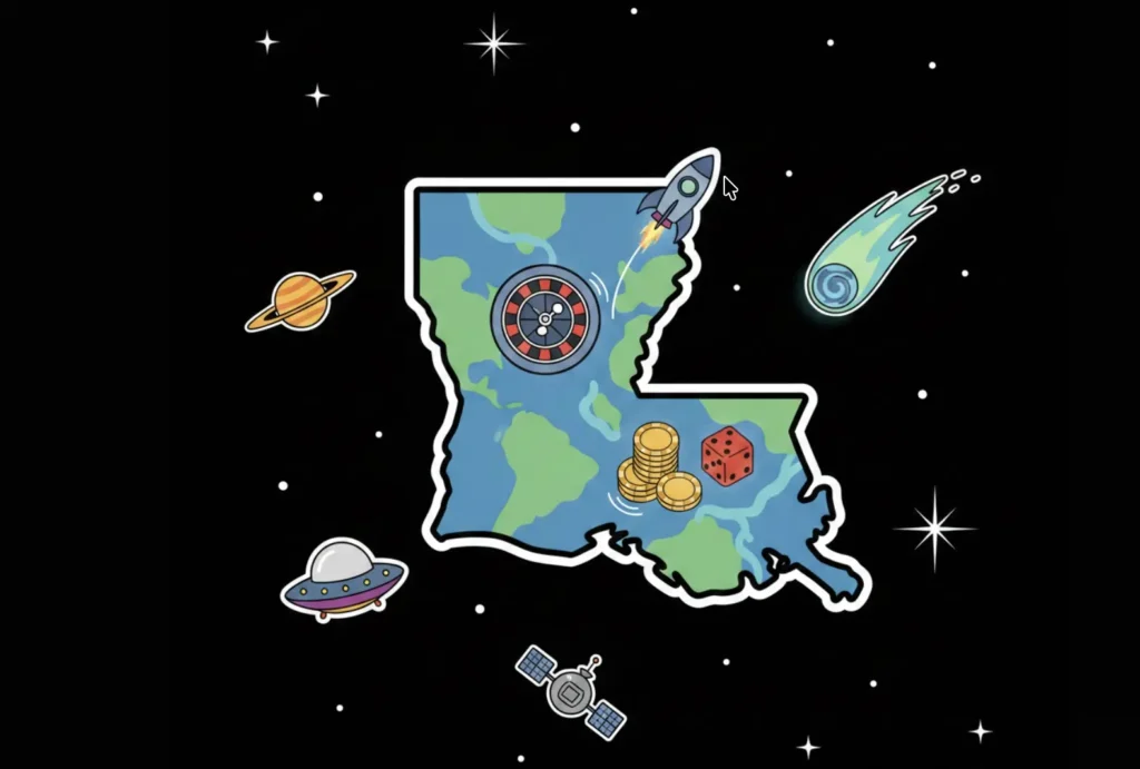 Louisiana map with casino elements in space for Louisiana Online Casinos page