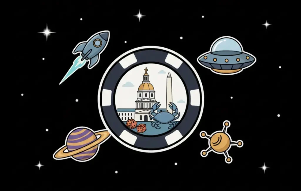 Casino chip with Maryland State House and crab for Maryland online gambling guide