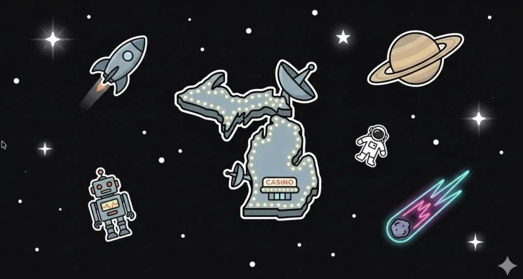 Michigan state map with casino sign floating in space with robot and astronaut, representing Michigan casino bonuses at FreeSlots99