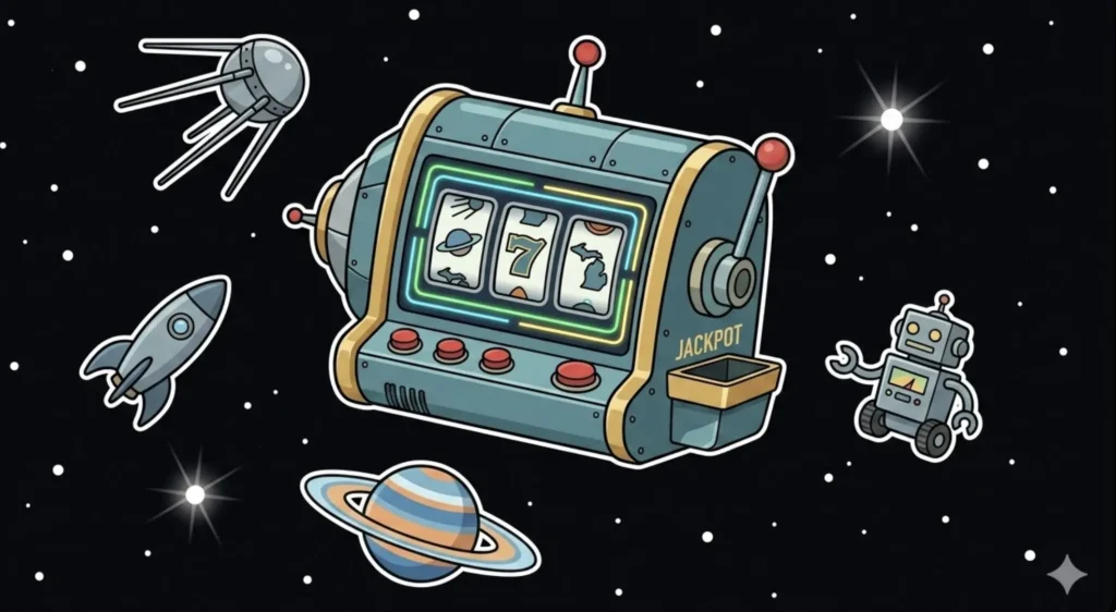 Space slot machine with Michigan state symbol and jackpot tray, illustrating Michigan casino bonus offers at FreeSlots99